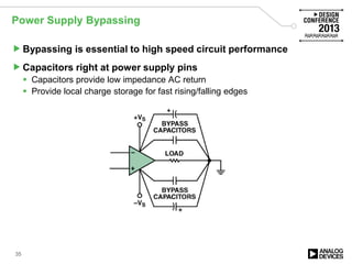 Power Supply Bypassing
Bypassing is essential to high speed circuit performance
Capacitors right at power supply pins
 Capacitors provide low impedance AC return
 Provide local charge storage for fast rising/falling edges
35
 