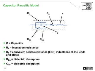 Capacitor Parasitic Model
C = Capacitor
RP = insulation resistance
RS = equivalent series resistance (ESR) inductance of the leads
and plates
RDA = dielectric absorption
CDA = dielectric absorption
52
L
r
RP
C
RDA CDA
RS
 