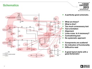 Schematics
7
 A perfectly good schematic.
 What are these?
 What is this?
 Too much unnecessary text
 Text orientation
 Alignment
 Lines cross. Is it necessary?
 Contradicting text
 No systematic approach
 Components are scattered
 No indication of functionality
 Difficult to read
 A good layout starts with a
good Schematic!
 