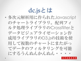 dc.jsとは
• 多次元解析用に作られたJavascript
のチャートライブラリ。配列フィ
ルタ処理ライブラリのCrossfilterと
データビジュアライゼーション作
成用ライブラリのD3.jsの技術を使
用して複数のチャートにまたがっ
...
