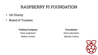 RASPBERRY PI FOUNDATION 
● UK Charity 
● Board of Trustees 
Trading Company Foundation 
Hires engineers Hires educators 
M...