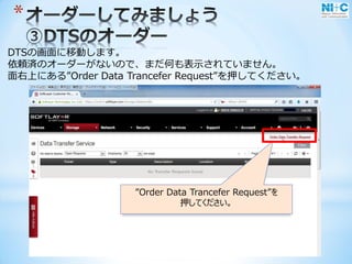 *
DTSの画面に移動します。
依頼済のオーダーがないので、まだ何も表示されていません。
面右上にある”Order Data Trancefer Request”を押してください。
”Order Data Trancefer Request”を
押してください。
 