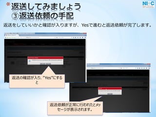 *
返送をしていいかと確認が入りますが、Yesで進むと返送依頼が完了します。
返送の確認が入り、”Yes”にする
と
返送依頼が正常に行われたとメッ
セージが表示されます。
 