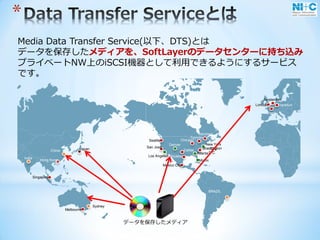 *
Media Data Transfer Service(以下、DTS)とは
データを保存したメディアを、SoftLayerのデータセンターに持ち込み
プライベートNW上のiSCSI機器として利用できるようにするサービス
です。
India
China Japan
Hong Kong
Singapore
Melbourne
Seattle
San Jose
Los Angeles
Mexico City
Denver
Chicago
Dallas
Houston
Toronto
Montreal
BRAZIL
New York
CityWashington
D.C.
Miami
London Frankfurt
Amsterdam
Paris
Sydney
Atlanta
データを保存したメディア
 