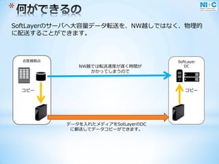 *
SoftLayerのサーバへ大容量データ転送を、NW越しではなく、物理的
に配送することができます。
SoftLayer
DC
お客様拠点
NW越では転送速度が遅く時間が
かかってしまうので
データを入れたメディアをSotLayerのDC
に郵送してデータコピーができます。
コピー コピー
 