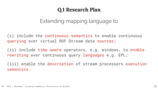 RR - 2016 - Aberdeen - Riccardo Tommasini (Politecnico di Milano)
Q.1 Research Plan
(i) include the continuous semantics to enable continuous
querying over virtual RDF Stream data sources;
(ii) include time aware operators, e.g. windows, to enable
rewriting over continuous query languages e.g. EPL;
(iii) enable the description of stream processors execution
semantics.
20
Extending mapping language to
 
