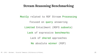 RR - 2016 - Aberdeen - Riccardo Tommasini (Politecnico di Milano)
Stream Reasoning Benchmarking
Mostly related to RDF Stream Processing
Focused on query answering
Limited Entailment (RDFS subsets)
Lack of expressive benchmarks
Lack of shared approaches
No absolute winner (RSP)
25
 