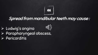 “Spread from mandibular teeth may cause :
 Ludwig's angina
 Parapharyngeal abscess,
 Pericarditis
 