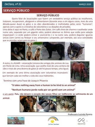 14
SERVIÇO PÚBLICO
DeClara, nº 31 MARÇO 2020
Quero falar de associações que fazem um verdadeiro serviço público ao recolherem,
tratarem, recuperarem, abrigarem e alimentarem (durante anos e em alguns casos, mais de uma
década-quase duas) os gatos e os cães abandonados e maltratados pelos seres “humanos”,
apenas com o apoio e a iniciativa de voluntários e as doações de privados.
Uma delas é aqui no Porto, o café o Porto dos Gatos. Um café cheio de charme e acolhedor onde
numa sala, separada por um gigante vidro, poderá observar os felinos que estão para adoção
responsável ( e onde poderá entrar e acariciá-los ) e na outra sala, poderá degustar iguarias
únicas (sem carne) ou festejar o seu aniversário ( propondo, por exemplo, aos seus convidados
que as prendas sejam para os gatos ).
A outra, é a ALAAR – associação Limiana dos amigos dos animais de rua,
em Ponte de Lima. Uma associação que acolhe mais de uma centena de
cães e mais de uma dezena de gatos (e até há pouco tempo, uma égua).
Um exemplo de uma ótima associação com voluntários incansáveis
que tornam cada vez melhor a vida dos seus habitantes.
Termino com uma frase de Joaquin Phoenix
“It takes nothing away from a human to be kind to an animal”
“Nenhum humano perde nada por ser gentil com um animal”
e um apelo: Pais, não deixem o coração dos vossos filhos ser indiferente ao sofrimento de um
animal.
Professora Lucinda Pereira
SERVIÇO PÚBLICO
 