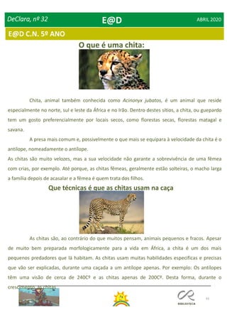 43
E@D C.N. 5º ANO
DeClara, nº 32 ABRIL 2020
O que é uma chita:
Que técnicas é que as chitas usam na caça
Chita, animal também conhecida como Acinonyx jubatos, é um animal que reside
especialmente no norte, sul e leste da África e no Irão. Dentro destes sítios, a chita, ou guepardo
tem um gosto preferencialmente por locais secos, como florestas secas, florestas matagal e
savana.
A presa mais comum e, possivelmente o que mais se equipara à velocidade da chita é o
antílope, nomeadamente o antílope.
As chitas são muito velozes, mas a sua velocidade não garante a sobrevivência de uma fêmea
com crias, por exemplo. Até porque, as chitas fêmeas, geralmente estão solteiras, o macho larga
a família depois de acasalar e a fêmea é quem trata dos filhos.
As chitas são, ao contrário do que muitos pensam, animais pequenos e fracos. Apesar
de muito bem preparada morfologicamente para a vida em África, a chita é um dos mais
pequenos predadores que lá habitam. As chitas usam muitas habilidades especificas e precisas
que vão ser explicadas, durante uma caçada a um antílope apenas. Por exemplo: Os antílopes
têm uma visão de cerca de 240Cº e as chitas apenas de 200Cº. Desta forma, durante o
crescimento, as chitas
E@D
 