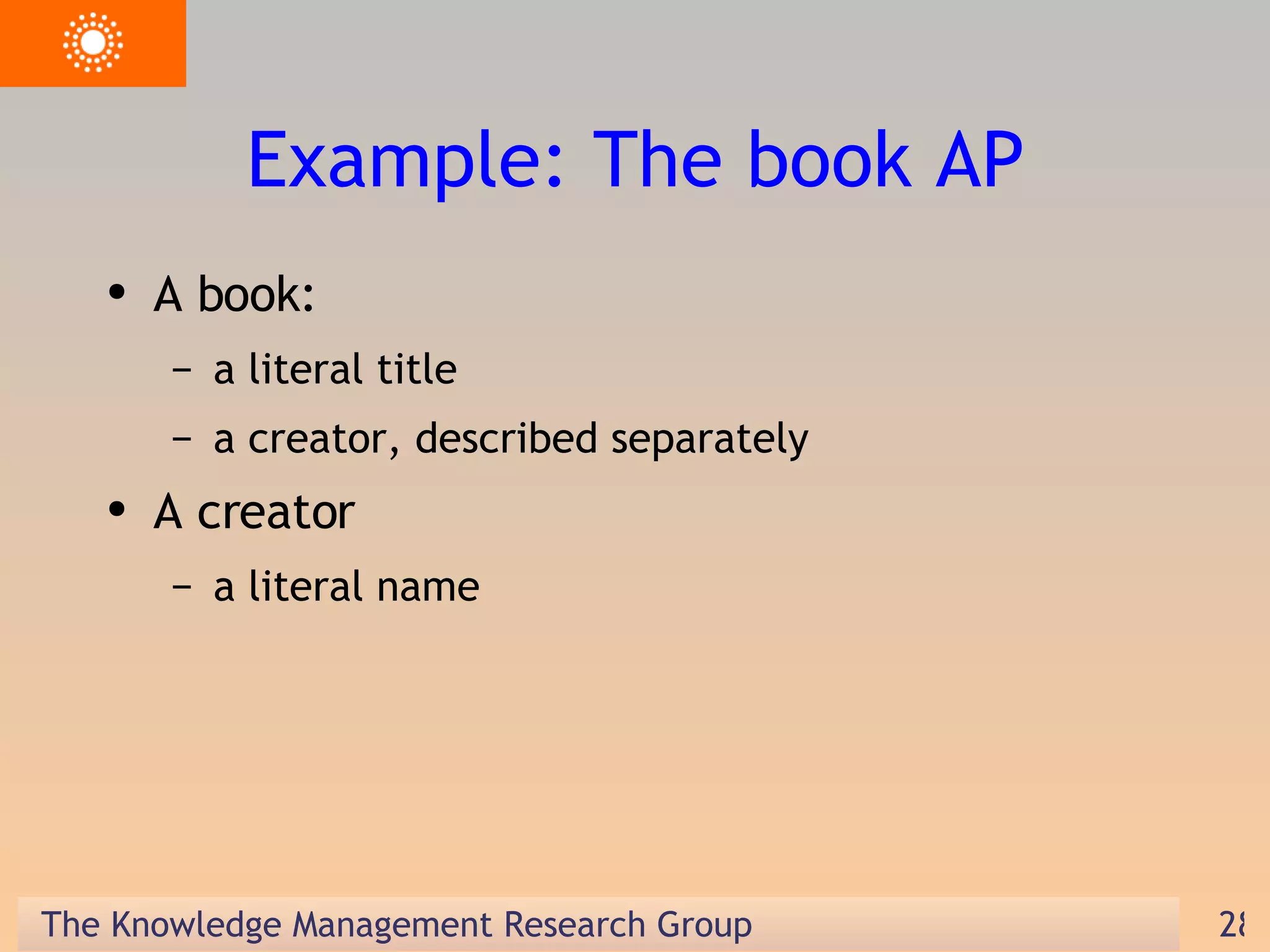 Example: The book AP A book: a literal title a creator, described separately A creator a literal name 