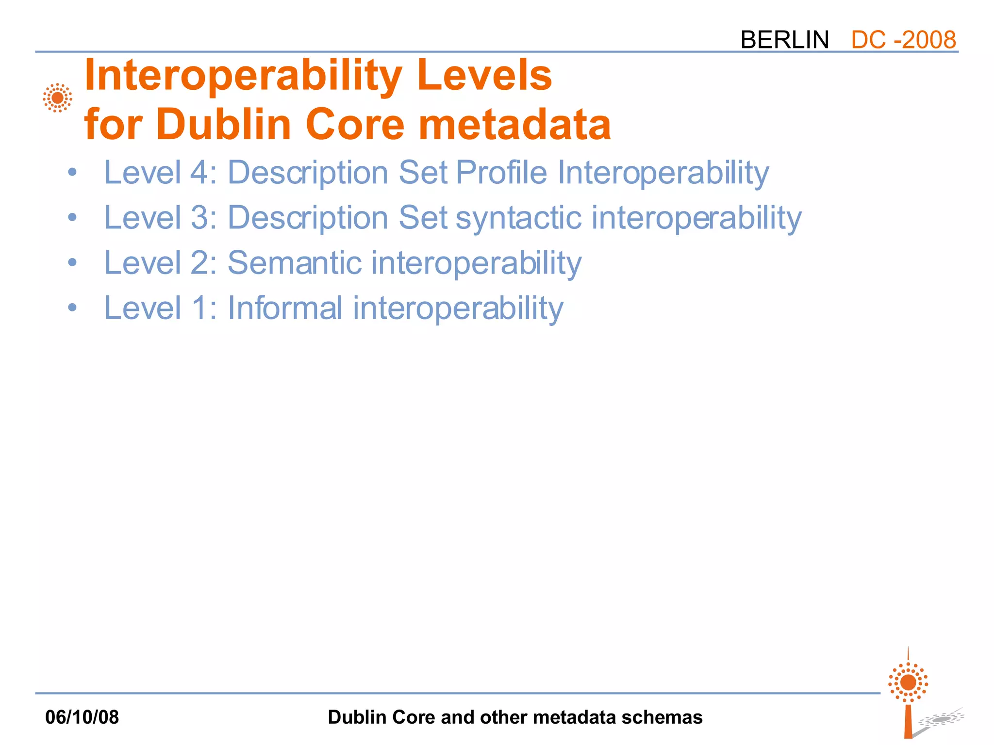 Interoperability Levels for Dublin Core metadata Level 4: Description Set Profile Interoperability Level 3: Description Set syntactic interoperability Level 2: Semantic interoperability Level 1: Informal interoperability 