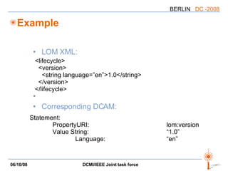 LOM XML: Corresponding DCAM: Example <lifecycle> <version> <string language=”en”>1.0</string> </version> </lifecycle> Statement: PropertyURI:  lom:version Value String: “1.0” Language: “en” 