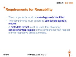 Requirements for Reusability The components must be  unambiguously identified The components must adhere to  compatible abstract models.  A  metadata format  must be used that allows for  consistent interpretation  of the components with respect to their respective abstract models. 