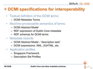 DCMI specifications for interoperability Textual definition of the DCMI terms: DCMI Metadata Terms Machine-processable semantics of terms: DCMI Abstract Model RDF expression of Dublin Core metadata RDF schemas for DCMI terms Metadata records DCMI Abstract Model - “description sets” DCMI expressions: XML, (X)HTML, etc. Application profiles Singapore Framework Description Set Profiles 