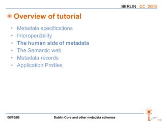 Overview of tutorial Metadata specifications Interoperability The human side of metadata The Semantic web Metadata records Application Profiles 