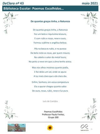 15
DeClara nº 43 maio 2021
Biblioteca Escolar: Poemas Escolhidos…
De quantas graças tinha, a Natureza
Fez um belo e riquíssimo tesouro,
E com rubis e rosas, neve e ouro,
Formou sublime e angélica beleza.
Pôs na boca os rubis, e na pureza
Do belo rosto as rosas, por quem mouro;
No cabelo o valor do metal louro;
No peito a neve em que a alma tenho acesa.
Mas nos olhos mostrou quanto podia,
E fez deles um sol, onde se apura
A luz mais clara que a do claro dia.
Enfim, Senhora, em vossa compostura
Ela a apurar chegou quanto sabia
De ouro, rosas, rubis, neve e luz pura.
Luís de Camões
De quantas graças tinha, a Natureza
Poemas Escolhidos
Professor Paulo Freitas,
Grupo 300
 