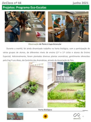 82
DeClara nº 44 junho 2021
Projetos: Programa Eco-Escolas
Observação de flores à lupa binocular
Continua…
Durante a manhã, foi ainda dinamizado trabalho na horta biológica, com a participação de
vários grupos de alunos, de diferentes níveis de ensino (2.º e 3.º ciclos e alunos do Ensino
Especial). Adicionalmente, foram plantadas diversas plantas aromáticas, gentilmente oferecidas
pelo Eng.º Luís Alves, do Cantinho das Aromáticas, através da Associação de Pais.
Horta Biológica
 