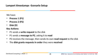 BITS Pilani, Deemed to be University under Section 3 of UGC Act, 1956
Lamport timestamps -Scenario Setup
We have:
• Process 1 (P1)
• Process 2 (P2)
• Disk (D)
Key Actions:
• P1 sends a write request to the disk
• P1 sends a message to P2, asking it to read
• P2 receives the message, then sends its own read request to the disk
• The disk grants requests in order they were received
Distributed Computing || Week - 2 25
 