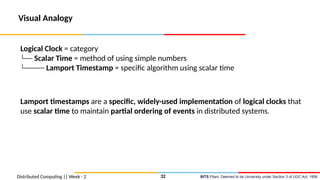 BITS Pilani, Deemed to be University under Section 3 of UGC Act, 1956
Distributed Computing || Week - 2
Visual Analogy
Logical Clock = category
└── Scalar Time = method of using simple numbers
└───── Lamport Timestamp = specific algorithm using scalar time
Lamport timestamps are a specific, widely-used implementation of logical clocks that
use scalar time to maintain partial ordering of events in distributed systems.
32
 