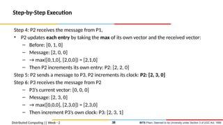 BITS Pilani, Deemed to be University under Section 3 of UGC Act, 1956
Distributed Computing || Week - 2
Step-by-Step Execution
Step 4: P2 receives the message from P1,
• P2 updates each entry by taking the max of its own vector and the received vector:
– Before: [0, 1, 0]
– Message: [2, 0, 0]
– → max([0,1,0], [2,0,0]) = [2,1,0]
– Then P2 increments its own entry: P2: [2, 2, 0]
Step 5: P2 sends a message to P3, P2 increments its clock: P2: [2, 3, 0]
Step 6: P3 receives the message from P2
– P3’s current vector: [0, 0, 0]
– Message: [2, 3, 0]
– → max([0,0,0], [2,3,0]) = [2,3,0]
– Then increment P3’s own clock: P3: [2, 3, 1]
38
 