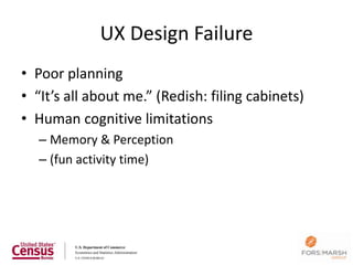 UX Design Failure
• Poor planning
• “It’s all about me.” (Redish: filing cabinets)
• Human cognitive limitations
  – Memory & Perception
  – (fun activity time)
 