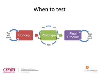 When to test

                      Test          Test

 Test                                          Final     Test
 with   Concept           Prototype                      with
users
                   Test                Test   Product   users


                             Test
 