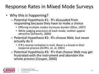 Response Rates in Mixed Mode Surveys
• Why this is happening?
  – Potential Hypothesis #1: R’s dissuaded from
    responding because they have to make a choice
     • Offering multiple modes increases burden (Dhar, 1997)
     • While judging pros/cons of each mode, neither appear
       attractive (Schwartz, 2004)
  – Potential Hypothesis #2: R’s choose Web, but never
    actually do it
     • If R’s receive invitation in mail, there is a break in their
       response process (Griffin, et. al, 2001)
  – Potential Hypothesis #3: R’s that choose Web may get
    frustrated with the instrument and abandon the
    whole process (Couper, 2000)


                                                                      239
 