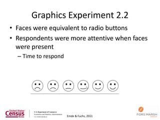 Graphics Experiment 2.2
• Faces were equivalent to radio buttons
• Respondents were more attentive when faces
  were present
  – Time to respond




                                               96
                      Emde & Fuchs, 2011
 