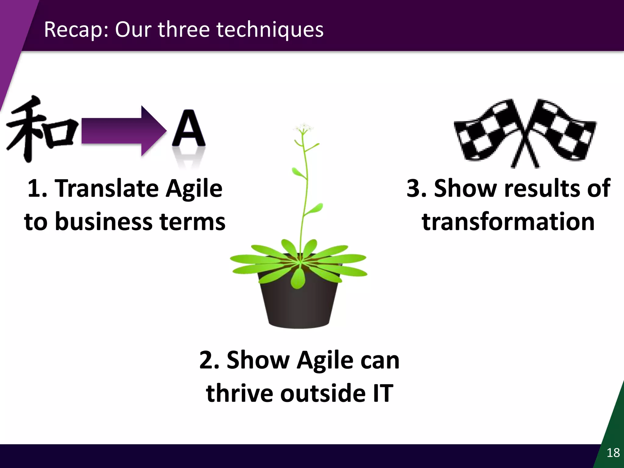 Recap: Our three techniques
18
1. Translate Agile
to business terms
2. Show Agile can
thrive outside IT
3. Show results of
transformation
 