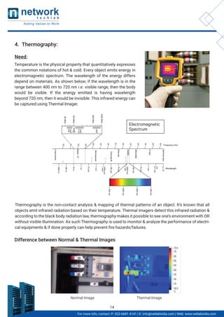 4. Thermography:
Need:
Temperature is the physical property that quantitatively expresses
the common notations of hot & cold. Every object emits energy in
electromagnetic spectrum. The wavelength of the energy differs
depend on materials. As shown below; if the wavelength is in the
range between 400 nm to 720 nm i.e. visible range, then the body
would be visible. If the energy emitted is having wavelength
beyond 720 nm, then it would be invisible. This infrared energy can
be captured using Thermal Imager.
Thermography is the non-contact analysis & mapping of thermal patterns of an object. It’s known that all
objects emit infrared radiation based on their temperature. Thermal imagers detect this infrared radiation &
according to the black body radiation law, thermography makes it possible to see one’s environment with OR
without visible illumination. As such Thermography is used to monitor & analyze the performance of electri-
cal equipments & if done properly can help prevent fire hazards/failures.
Difference between Normal & Thermal Images
Normal Image Thermal Image
Electromagnetic
Spectrum
For more info, contact: P: 022-6681 4141 | E: info@netlabindia.com | Web: www.netlabindia.com
14
 