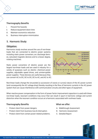 Thermography Benefits
Thermography Benefits
i. Prevent fire hazards
ii. Reduce equipment down time
iii. Maintain economics reduction
iv. Business interruption minimization
• Protect client from power dangers.
• Protect client from business loss & interruption.
• Protect client from certain power related problems.
What we offer:
A. Walkthrough Assessment
B. Harmonic Assessment
C. Detailed Report
5. Harmonic Study:
Obligation:
Harmonics study revolves around the use of non-linear
loads that are connected to electric power systems
including static power converters, arc discharge devic-
es, saturated magnetic devices and to a lesser degree,
rotating machines.
Static power converters of electric power are the
largest non-linear loads and are used in industry for a
variety of purposes such as electro- chemical power
supplies, adjustable speed drives, and uninterruptible
power supplies. These devices are useful because they
can convert AC to DC, DC to DC, DC to AC, and AC to AC.
Non-linear loads change the sinusoidal (a succession of waves or curves) nature of the AC power current
(and consequently the AC voltage drop) thereby resulting in the flow of harmonic currents in the AC power
system that can cause interference with communication circuits and other types of equipment.
When reactive power compensation in the form of power factor improvement capacitors is used with these
non-linear loads, resonant conditions may occur that can result in spurt in harmonic voltage and current
distortion when the resonant condition occurs at a harmonic associated with nonlinear loads.
TM
For more info, contact: P: 022-6681 4141 | E: info@netlabindia.com | Web: www.netlabindia.com
15
 