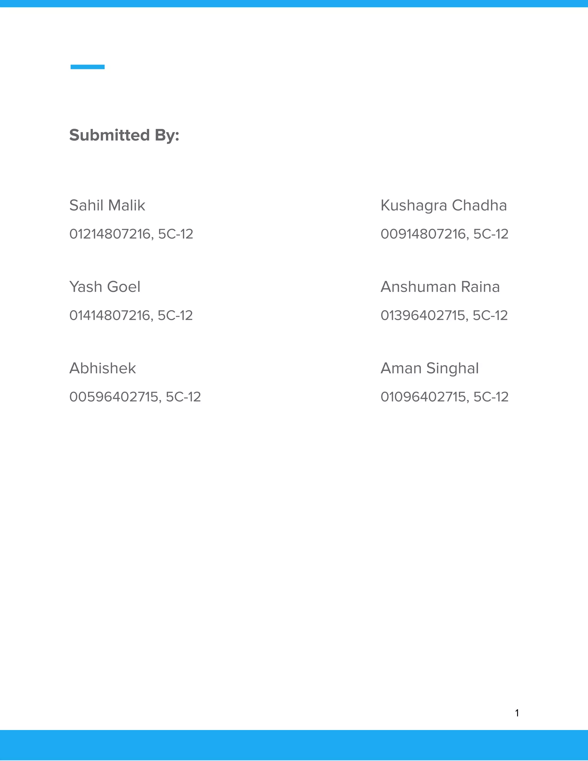  
 
 
Submitted By: 
 
Sahil Malik Kushagra Chadha 
01214807216, 5C-12 00914807216, 5C-12 
 
Yash Goel Anshuman Raina 
01414807216, 5C-12 01396402715, 5C-12 
 
Abhishek Aman Singhal 
00596402715, 5C-12 01096402715, 5C-12 
 
 
   
1 
 