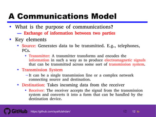12 tohttps://github.com/syaifulahdan/
A Communications Model
• What is the purpose of communications?
— Exchange of information between two parties
• Key elements
• Source: Generates data to be transmitted. E.g., telephones,
PCs.
• Transmitter: A transmitter transforms and encodes the
information in such a way as to produce electromagnetic signals
that can be transmitted across some sort of transmission system.
• Transmission System
−It can be a single transmission line or a complex network
connecting source and destination.
• Destination: Takes incoming data from the receiver
• Receiver: The receiver accepts the signal from the transmission
system and converts it into a form that can be handled by the
destination device.
12
 