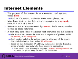 27 tohttps://github.com/syaifulahdan/
Internet Elements
• The purpose of the Internet is to interconnect end systems,
called hosts
— Such as PCs, servers, notebooks, PDAs, smart phones, etc.
• Most hosts that use the Internet are connected to a network,
such as a LAN or a WAN
• Networks are in turn connected by routers. Each router attaches
to two or more networks.
• A host may send data to another host anywhere on the Internet:
— The source host breaks the data into a sequence of packets, called
IP packets, or IP datagrams.
— Each packet includes the unique numeric addresses of the source
host and destination host, called IP addresses.
— Based on the destination IP address, each packet travels through a
series of routers and networks from source to destination.
• Each router, upon receiving an IP packet, makes a routing decision and
forwards the packet along its way to the destination.
27
 