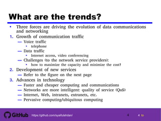4 tohttps://github.com/syaifulahdan/
What are the trends?
• Three forces are driving the evolution of data communications
and networking
1. Growth of communication traffic
— Voice traffic
• telephone
— Data traffic
• Internet access, video conferencing
— Challenges (to the network service providers):
• how to maximize the capacity and minimize the cost?
2. Development of new services
— Refer to the figure on the next page
3. Advances in technology
— Faster and cheaper computing and communications
— Networks are more intelligent: quality of service (QoS)
— Internet, Web, intranets, extranets, etc.
— Pervasive computing/ubiquitous computing
4
 