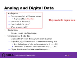 23 tohttps://github.com/syaifulahdan/
Analog and Digital Data
• Analog data
— Continuous values within some interval
• Represented by real numbers
— How aloud is the sound?
— How bright is the color?
— What is your weight?
• Digital data
— Discrete values, e.g., text, integers
• Computers use digital data
— Even double precision floating numbers are discrete!
— In practice, digital data are used to approximate analog data
• E.g., the brightness of color can be represented by 0, 1, …, 255
• The loudness of the sound can be represented by 0, 1, …, 255
— Digital data are stored as bit stream in computers.
Digitized into digital data
23
 