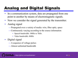 24 tohttps://github.com/syaifulahdan/
Analog and Digital Signals
• In a communication system, data are propagated from one
point to another by means of electromagnetic signals.
• Now we consider the signal generated by the transmitter.
• Analog signal
—Propagated over a variety of media: wire, fiber optic, space
—Continuously varying according to the source information
• Speech bandwidth: 100Hz to 7kHz
• Video bandwidth: 4MHz
• Digital signal
—A sequence of voltage pulses
—Almost unlimited bandwidth
24
 