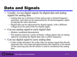 27 tohttps://github.com/syaifulahdan/
Data and Signals
• Usually, we use digital signals for digital data and analog
signals for analog data
—Analog data are a function of time and occupy a limited frequency
spectrum; such data can be represented by an electromagnetic signal
occupying the same spectrum.
—Digital data can be represented by digital signals, with a different
voltage level for each of the two binary digits.
• Can use analog signal to carry digital data
—Modem: modulator/demodulator
—The modem converts a series of binary voltage pulses into an analog
signal by encoding the digital data onto a carrier frequency.
• Can use digital signal to carry analog data
—Codec (coder-decoder): the codec takes an analog signal that directly
represents the voice data and approximates that signal by a bit stream.
At the receiving end, the bit stream is used to reconstruct the analog
data.
27
 