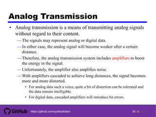 30 tohttps://github.com/syaifulahdan/
Analog Transmission
• Analog transmission is a means of transmitting analog signals
without regard to their content.
—The signals may represent analog or digital data.
—In either case, the analog signal will become weaker after a certain
distance.
—Therefore, the analog transmission system includes amplifiers to boost
the energy in the signal.
—Unfortunately, the amplifier also amplifies noise.
—With amplifiers cascaded to achieve long distances, the signal becomes
more and more distorted.
• For analog data such a voice, quite a bit of distortion can be tolerated and
the data remain intelligible.
• For digital data, cascaded amplifiers will introduce bit errors.
30
 