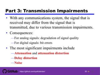 35 tohttps://github.com/syaifulahdan/
Part 3: Transmission Impairments
• With any communications system, the signal that is
received may differ from the signal that is
transmitted, due to various transmission impairments.
• Consequences:
—For analog signals: degradation of signal quality
—For digital signals: bit errors
• The most significant impairments include
—Attenuation and attenuation distortion
—Delay distortion
—Noise
35
 