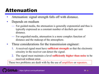 36 tohttps://github.com/syaifulahdan/
Attenuation
• Attenuation: signal strength falls off with distance.
• Depends on medium
— For guided media, the attenuation is generally exponential and thus is
typically expressed as a constant number of decibels per unit
distance.
— For unguided media, attenuation is a more complex function of
distance and the makeup of the atmosphere.
• Three considerations for the transmission engineer:
1. A received signal must have sufficient strength so that the electronic
circuitry in the receiver can detect the signal.
2. The signal must maintain a level sufficiently higher than noise to be
received without error.
These two problems are dealt with by the use of amplifiers or repeaters.
36
 
