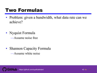43 tohttps://github.com/syaifulahdan/
Two Formulas
• Problem: given a bandwidth, what data rate can we
achieve?
• Nyquist Formula
—Assume noise free
• Shannon Capacity Formula
—Assume white noise
43
 