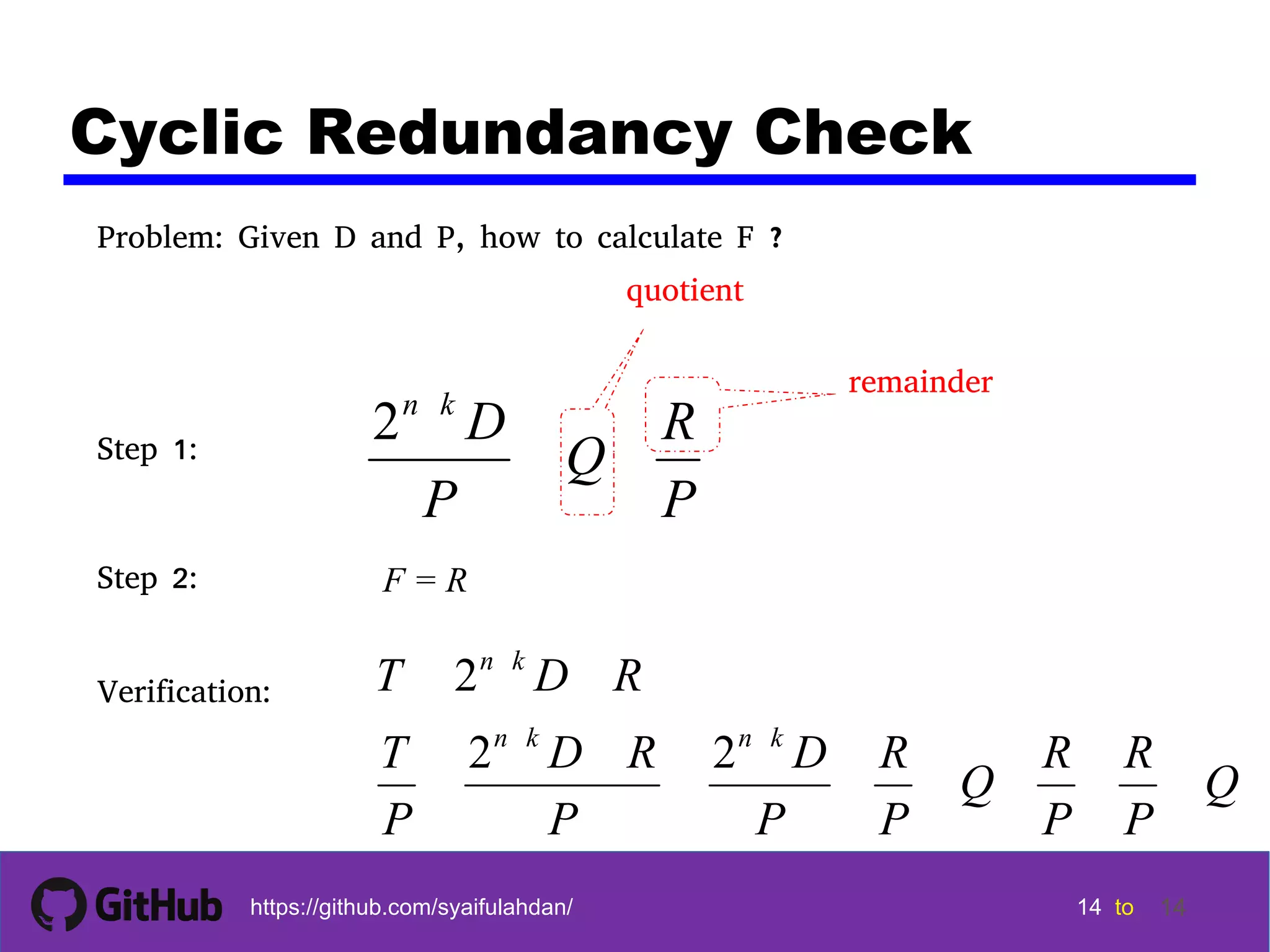 14 14 14 14 tohttps://github.com/syaifulahdan/ 14 Cyclic Redundancy Check P R Q P Dkn 2 quotient remainder Step 1: Step 2: F = R Verification: Q P R P R Q P R P D P RD P T RDT knkn kn 22 2 Problem: Given D and P, how to calculate F ? 