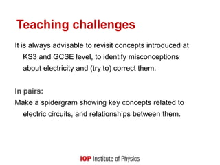 Teaching challenges
It is always advisable to revisit concepts introduced at
KS3 and GCSE level, to identify misconceptions
about electricity and (try to) correct them.
In pairs:
Make a spidergram showing key concepts related to
electric circuits, and relationships between them.
 