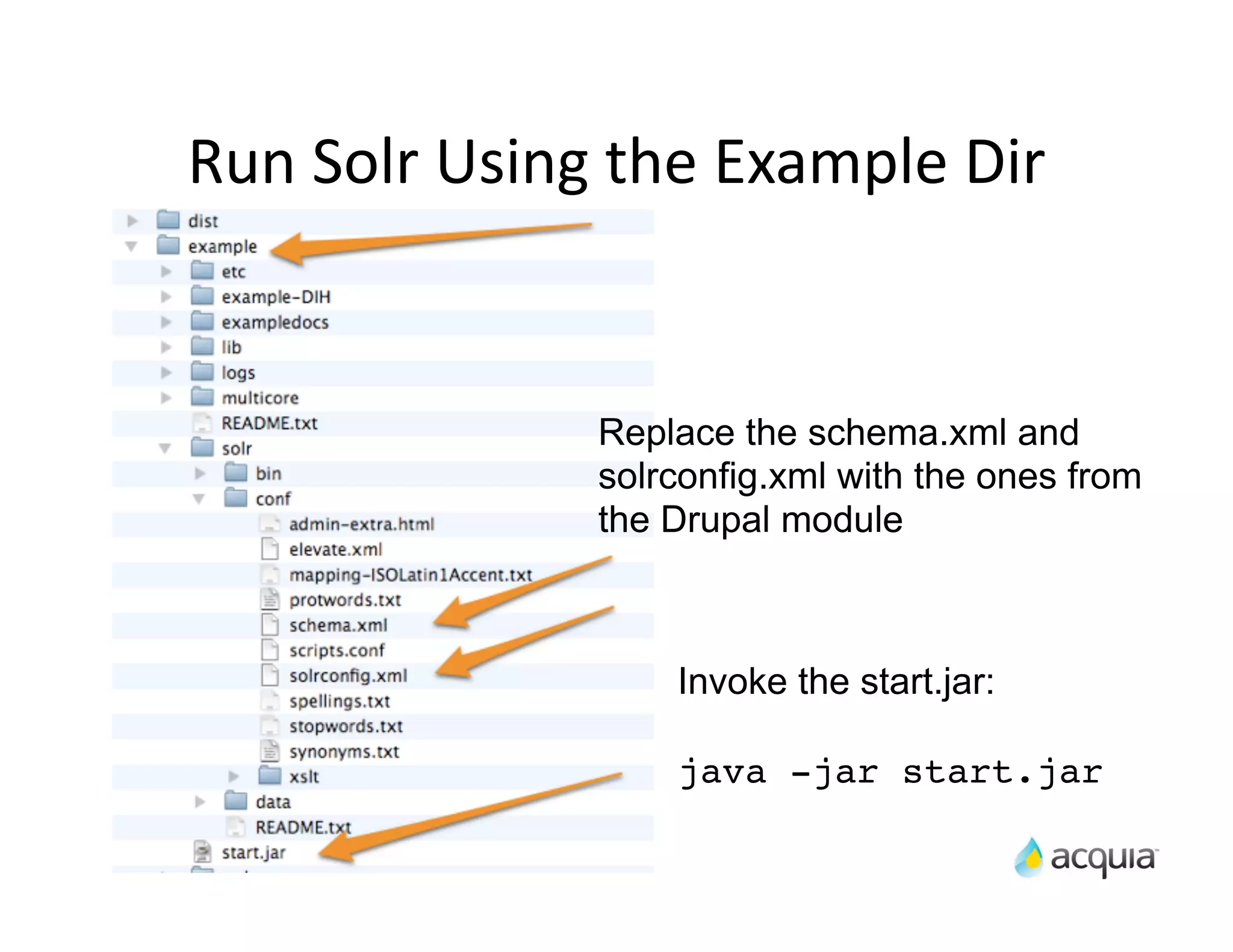 Run	
  Solr	
  Using	
  the	
  Example	
  Dir


                     Replace the schema.xml and
                     solrconfig.xml with the ones from
                     the Drupal module



                         Invoke the start.jar:

                         java -jar start.jar
 