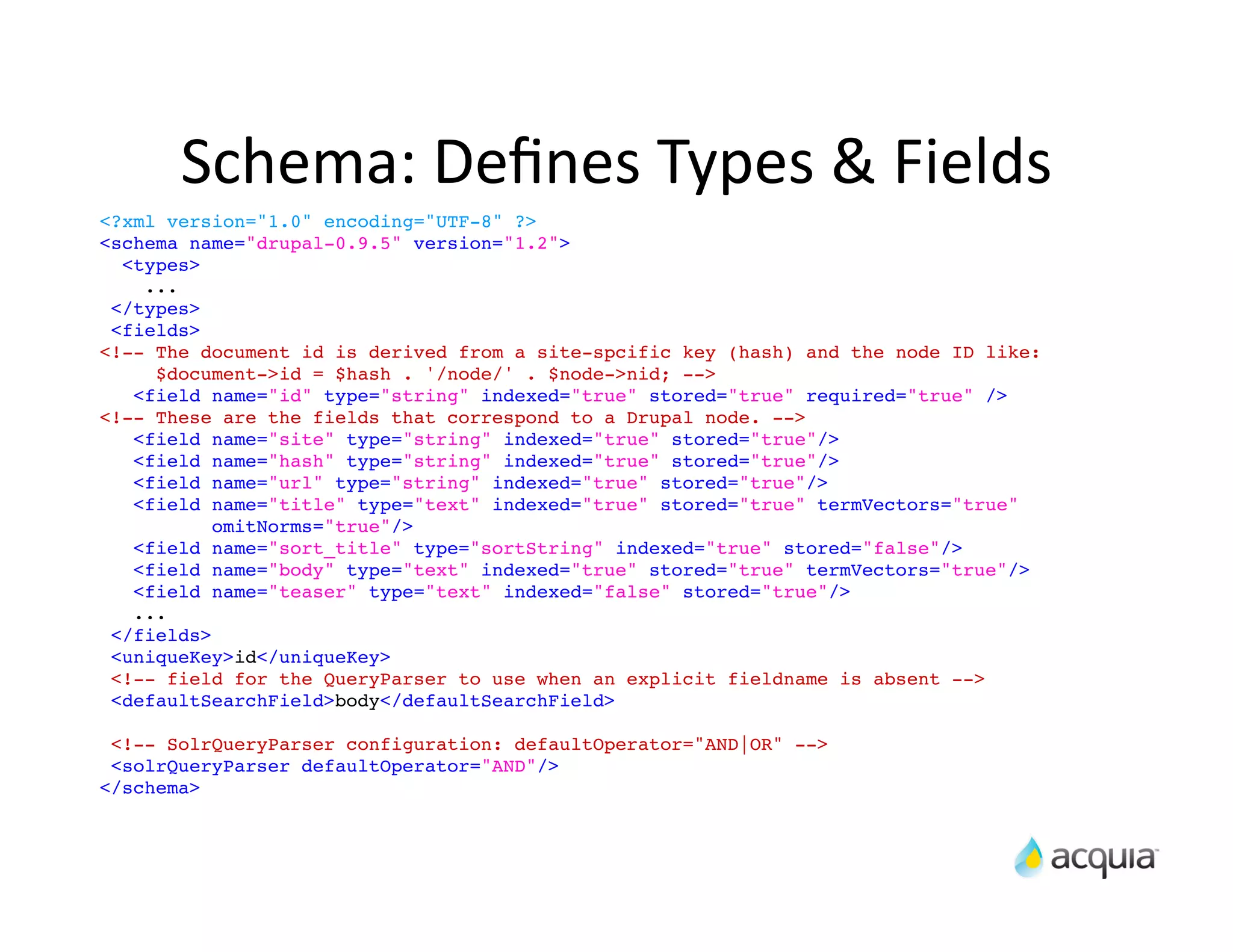 Schema:	
  Deﬁnes	
  Types	
  &	
  Fields
<?xml version="1.0" encoding="UTF-8" ?>
<schema name="drupal-0.9.5" version="1.2">
  <types>
    ...
 </types>
 <fields>
<!-- The document id is derived from a site-spcific key (hash) and the node ID like:
     $document->id = $hash . '/node/' . $node->nid; -->
   <field name="id" type="string" indexed="true" stored="true" required="true" />
<!-- These are the fields that correspond to a Drupal node. -->
   <field name="site" type="string" indexed="true" stored="true"/>
   <field name="hash" type="string" indexed="true" stored="true"/>
   <field name="url" type="string" indexed="true" stored="true"/>
   <field name="title" type="text" indexed="true" stored="true" termVectors="true"
           omitNorms="true"/>
   <field name="sort_title" type="sortString" indexed="true" stored="false"/>
   <field name="body" type="text" indexed="true" stored="true" termVectors="true"/>
   <field name="teaser" type="text" indexed="false" stored="true"/>
   ...
 </fields>
 <uniqueKey>id</uniqueKey>
 <!-- field for the QueryParser to use when an explicit fieldname is absent -->
 <defaultSearchField>body</defaultSearchField>

 <!-- SolrQueryParser configuration: defaultOperator="AND|OR" -->
 <solrQueryParser defaultOperator="AND"/>
</schema>
 