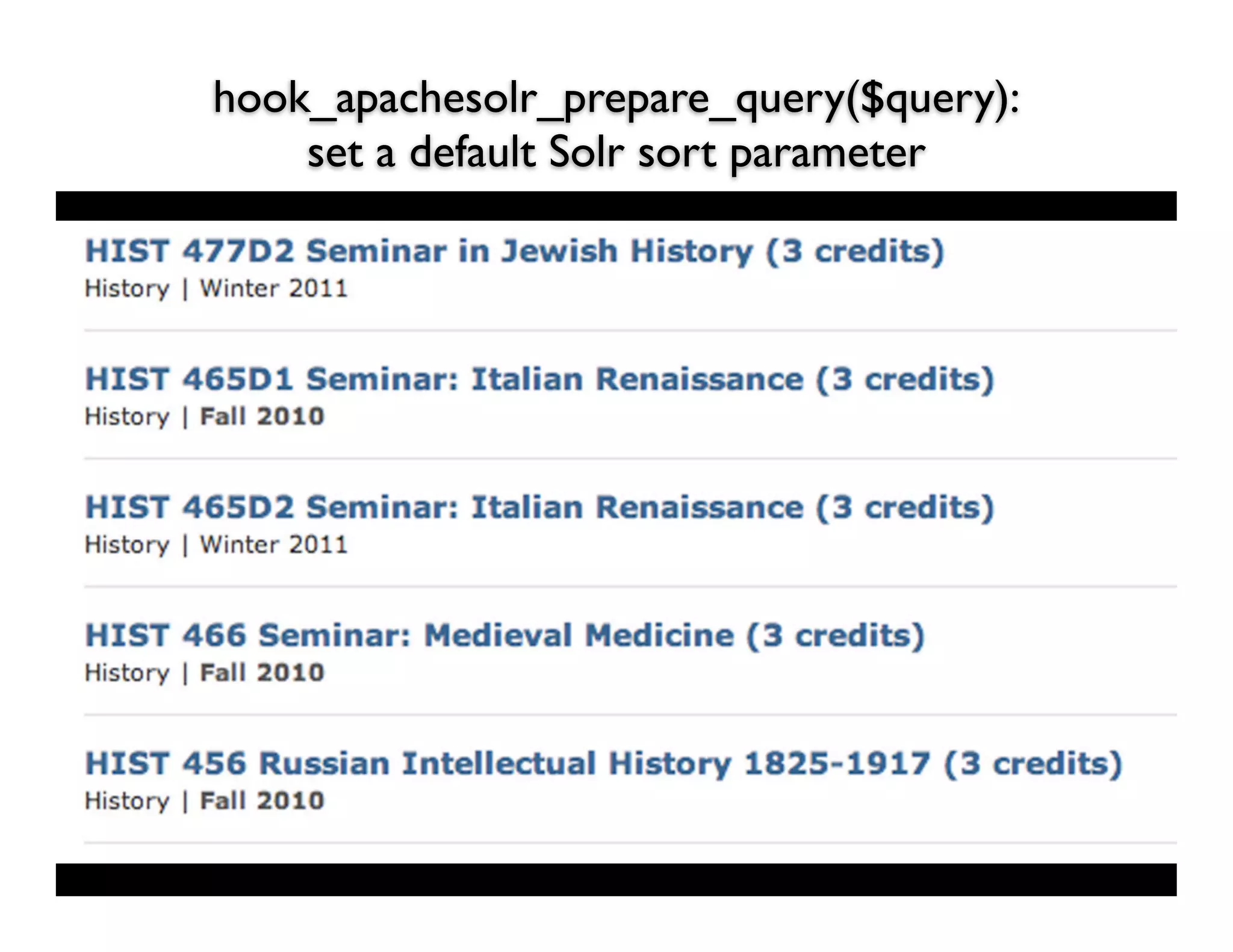 hook_apachesolr_prepare_query($query):
    set a default Solr sort parameter
 
