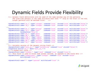 Dynamic	
  Fields	
  Provide	
  Flexibility
  <!-- Dynamic field definitions will be used if the name matches any of the patterns.
       The glob-like pattern in the name attribute must have "*" only at the start or the end.
       Longer patterns will be matched first.   -->

  <dynamicField   name="is_*" type="integer" indexed="true"     stored="true" multiValued="false"/>
  <dynamicField   name="im_*" type="integer" indexed="true"     stored="true" multiValued="true"/>
...
  <dynamicField   name="ss_*" type="string"    indexed="true"   stored="true" multiValued="false"/>
  <dynamicField   name="ts_*" type="text"      indexed="true"   stored="true" multiValued="false"
                  termVectors="true"/>
  <dynamicField   name="ds_*" type="date"  indexed="true" stored="true" multiValued="false"/>
  <dynamicField   name="dm_*" type="date"  indexed="true" stored="true" multiValued="true"/>
  <dynamicField   name="tds_*" type="tdate"indexed="true" stored="true" multiValued="false"/>
  <dynamicField   name="tdm_*" type="tdate"indexed="true" stored="true" multiValued="true"/>
  <dynamicField   name="bm_*" type="boolean"
                                           indexed="true" stored="true" multiValued="true"/>
  <dynamicField   name="bs_*" type="boolean"
                                           indexed="true" stored="true" multiValued="false"/>
...
  <!-- Sortable version of the dynamic string field -->
  <dynamicField name="sort_ss_*" type="sortString" indexed="true" stored="false"/>
  <copyField source="ss_*" dest="sort_ss_*"/>
 <!-- A random sort field -->
  <dynamicField name="random_*" type="rand" indexed="true" stored="true"/>
  <!-- This field is used to store node access records, as opposed to CCK field data -->
  <dynamicField name="nodeaccess*" type="integer" indexed="true" stored="false"
                multiValued="true"/>

  <dynamicField name="*" type="ignored" multiValued="true" />
 