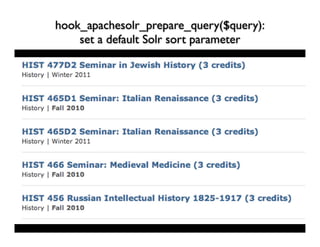 hook_apachesolr_prepare_query($query):
    set a default Solr sort parameter
 